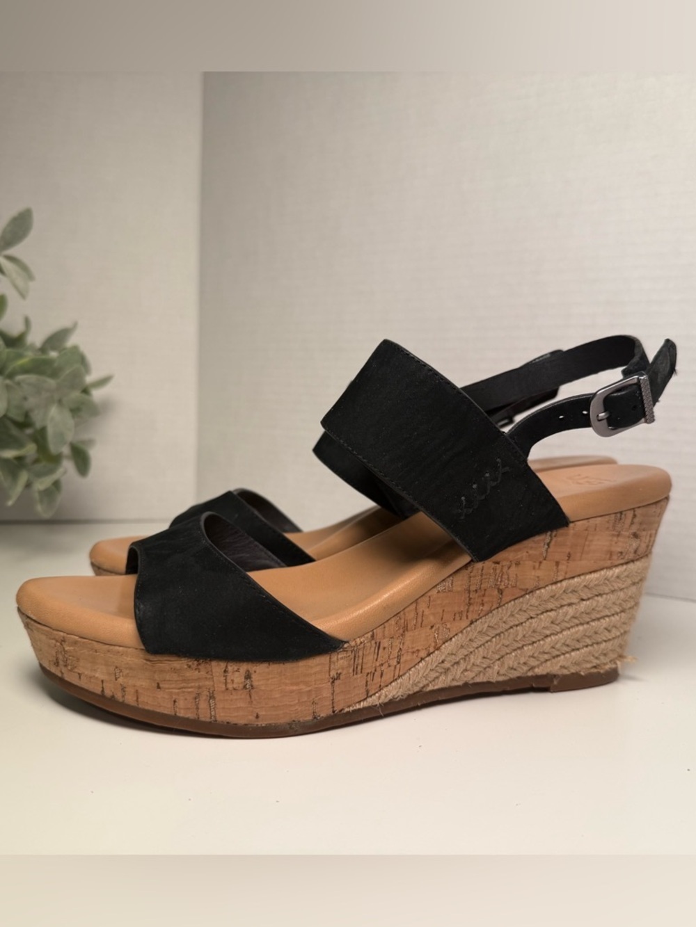 Ugg Elana Black Leather Slingback Cork Jute Wedge Sandals Women's Size 8.5 Boho